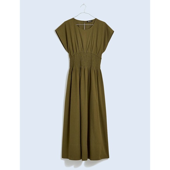Madewell Kaya Smocked-Waist Midi Dress in Stripe Seersucker Olive Linen Blend XL - Picture 6 of 6